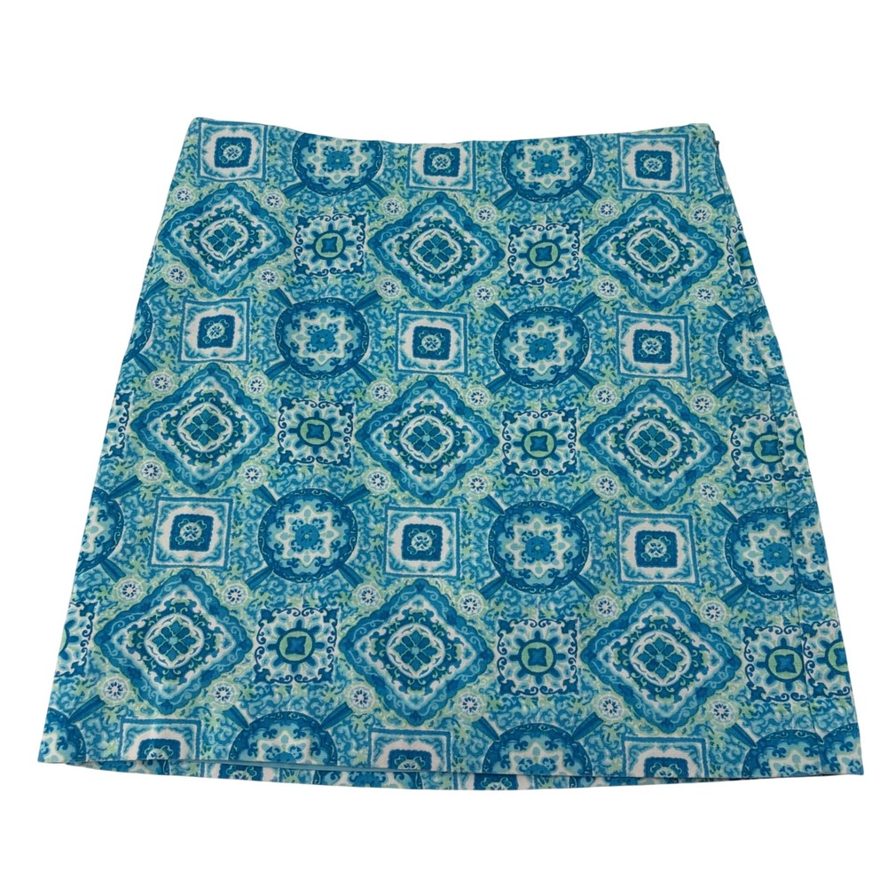 Talbots Petite 8P Blue Green Geometric Tile Print A-Line Mini Skirt Cotton Blend